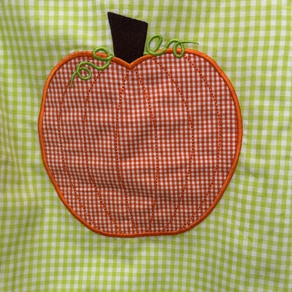 Green Gingham Toddler Dress with Orange Pumpkin Fall Patch - Picture 5 of 6